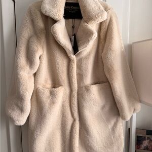 Juicy Couture Black Label Faux Fur Coat Womens Medium Beige Snap Up Mid-Length